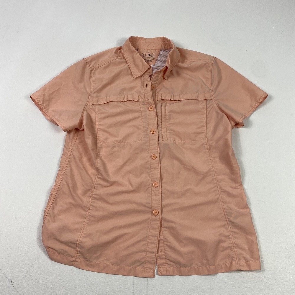 LL‎ Bean Shirt Womens Medium Peach Short Sleeve Button Front Nylon Blend Outdoor